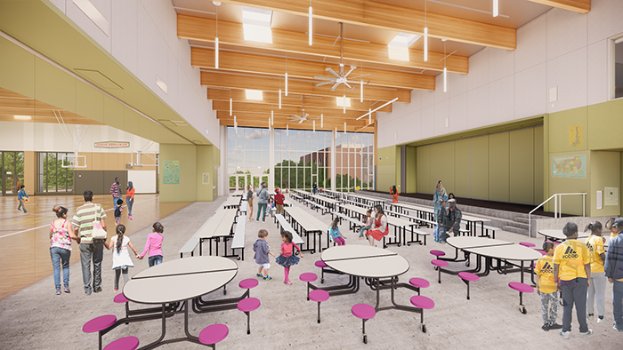 drawing of an elementary school lunchroom with long tables and round tables