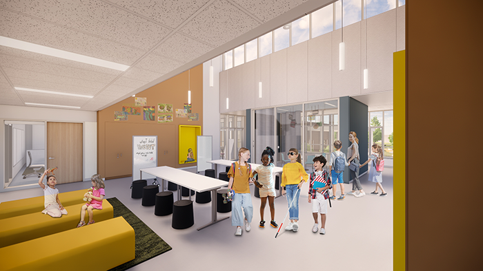 a learning commons with classrooms surrounding it and seating options