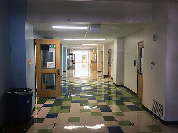 a hallway with doors opening off of it