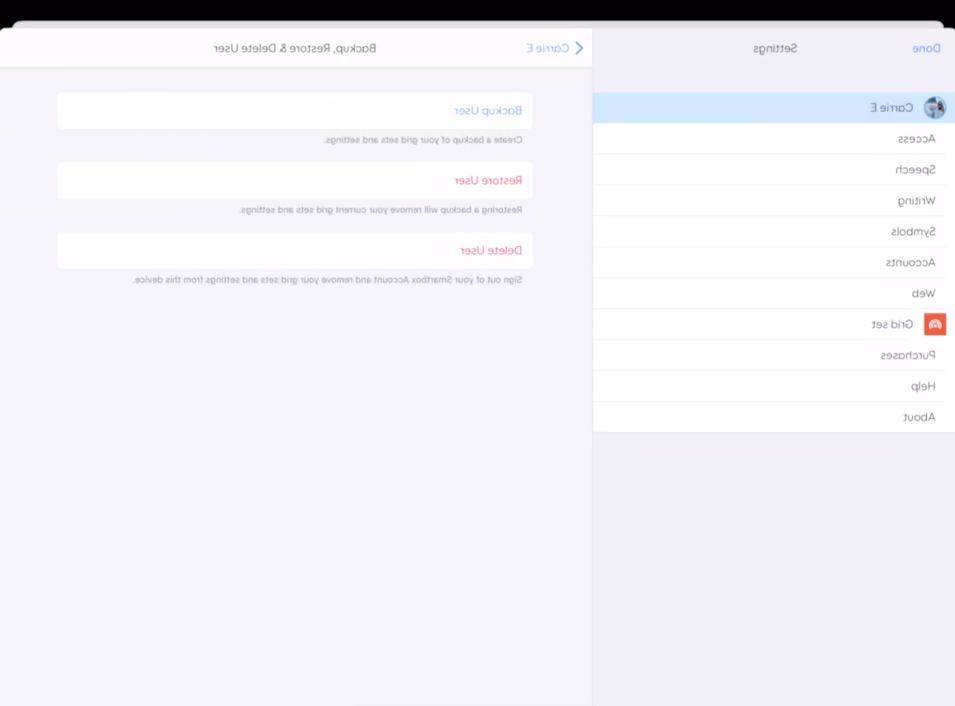 Screen shot of Grid for iPad showing the options in Backup, restore, and delete user 